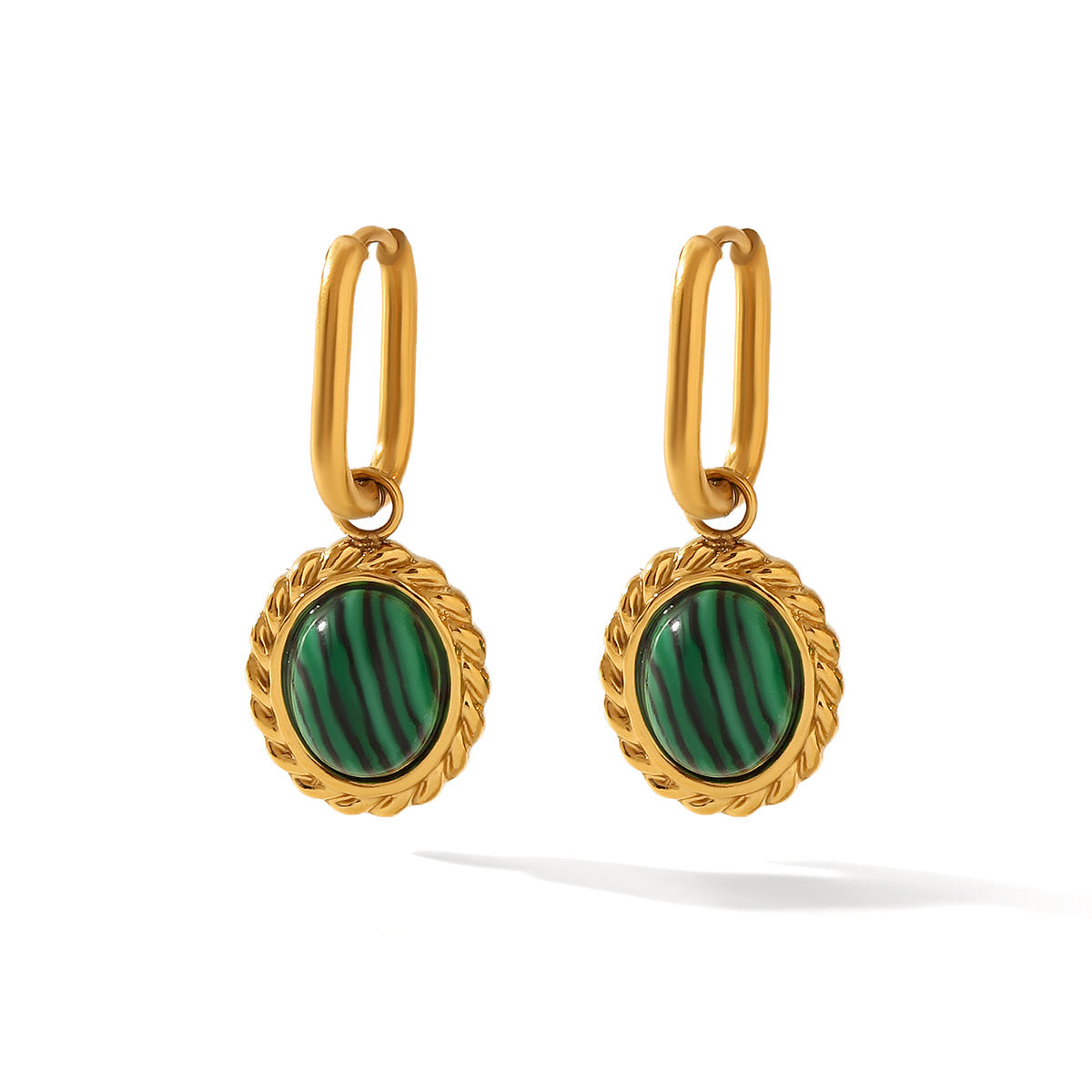 Vintage French Style Oval Stainless Steel Plated Earrings with Natural Malachite Inlay for Women