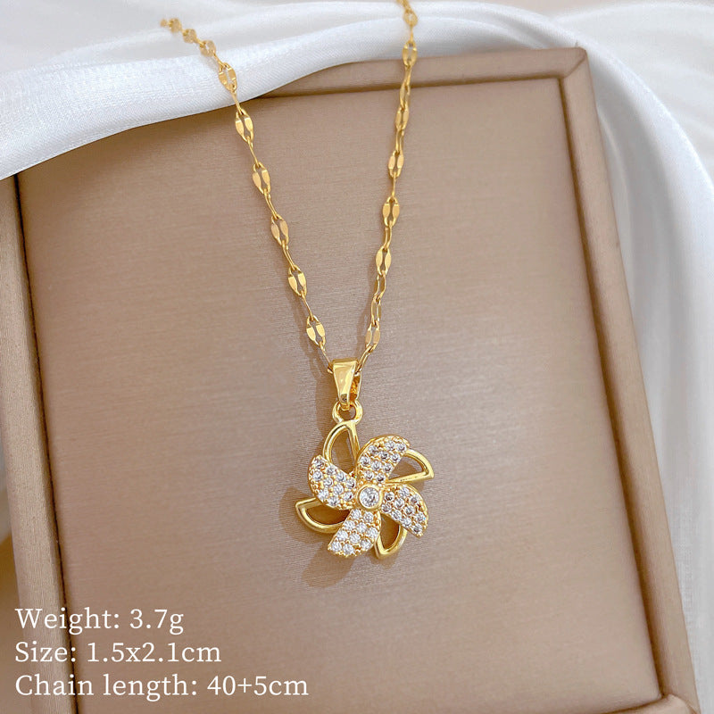 Sweet Geometric Rhinestone Windmill Pendant Necklace Titanium Steel Cable Chain for Unisex
