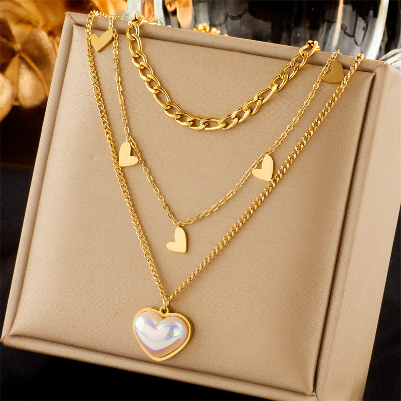 Vintage Luxury Gold Plated Heart Butterfly Round Stainless Steel Necklace with Pearl Multi-Layer