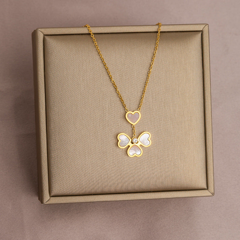 Elegant Fashionable Heart and Four-Leaf Clover Pendant Necklace for Women in Titanium Steel with O-Shape Chain