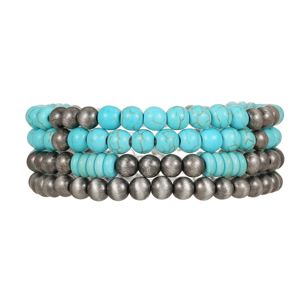 Vintage Textured Tin CCB Beaded Bracelet with Turquoise Stones for Women
