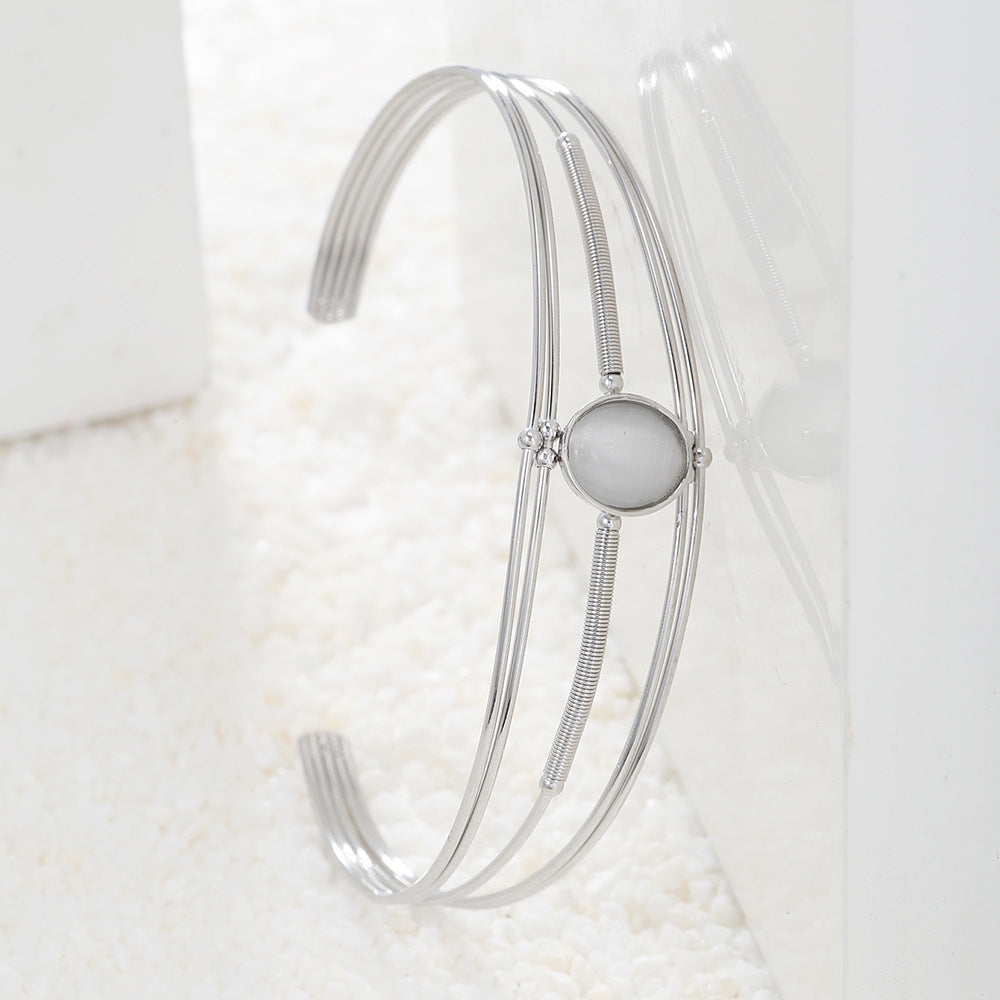 Minimalist Geometric Round Stainless Steel Cuff Bracelet with Gemstone Inlay for Women