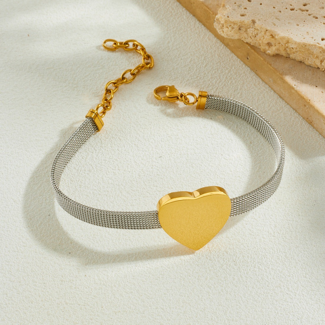 Minimalist Gold Plated Heart Mesh Chain Stainless Steel Bracelet