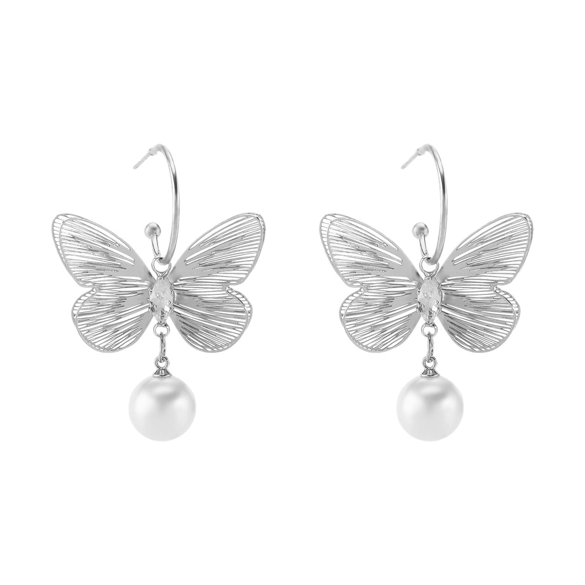 Orecchini a perla eleganti a forma di farfalla da donna con finitura in metallo placcato, gioielli di moda dallo stile lussuoso e leggero