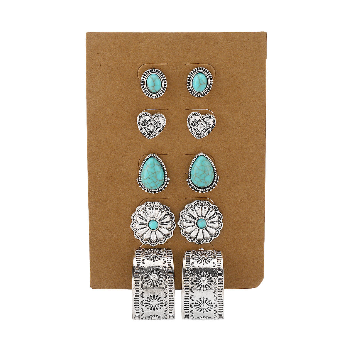 Orecchini bohémien vintage in lega a forma di cuore con intarsio turchese e intaglio floreale