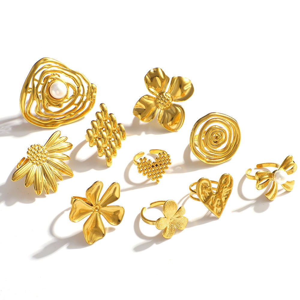 Anello Minimalista Cuore Fiore Farfalla in Acciaio Inossidabile con Intarsio di Perla e Placcatura Sottovuoto in Oro 18K