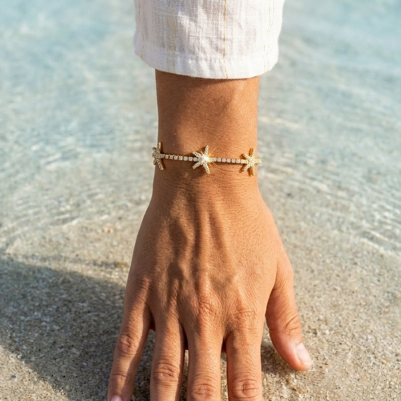 Elegant Minimalist Starfish Stainless Steel Plated Cubic Zirconia Bracelet for Women