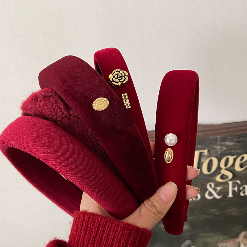 Elegante Cerchietto Francese Vintage in Velluto Rosso da Donna con Design Rotondo Minimalista Chic Copricapo per Acconciature con Corona Alta