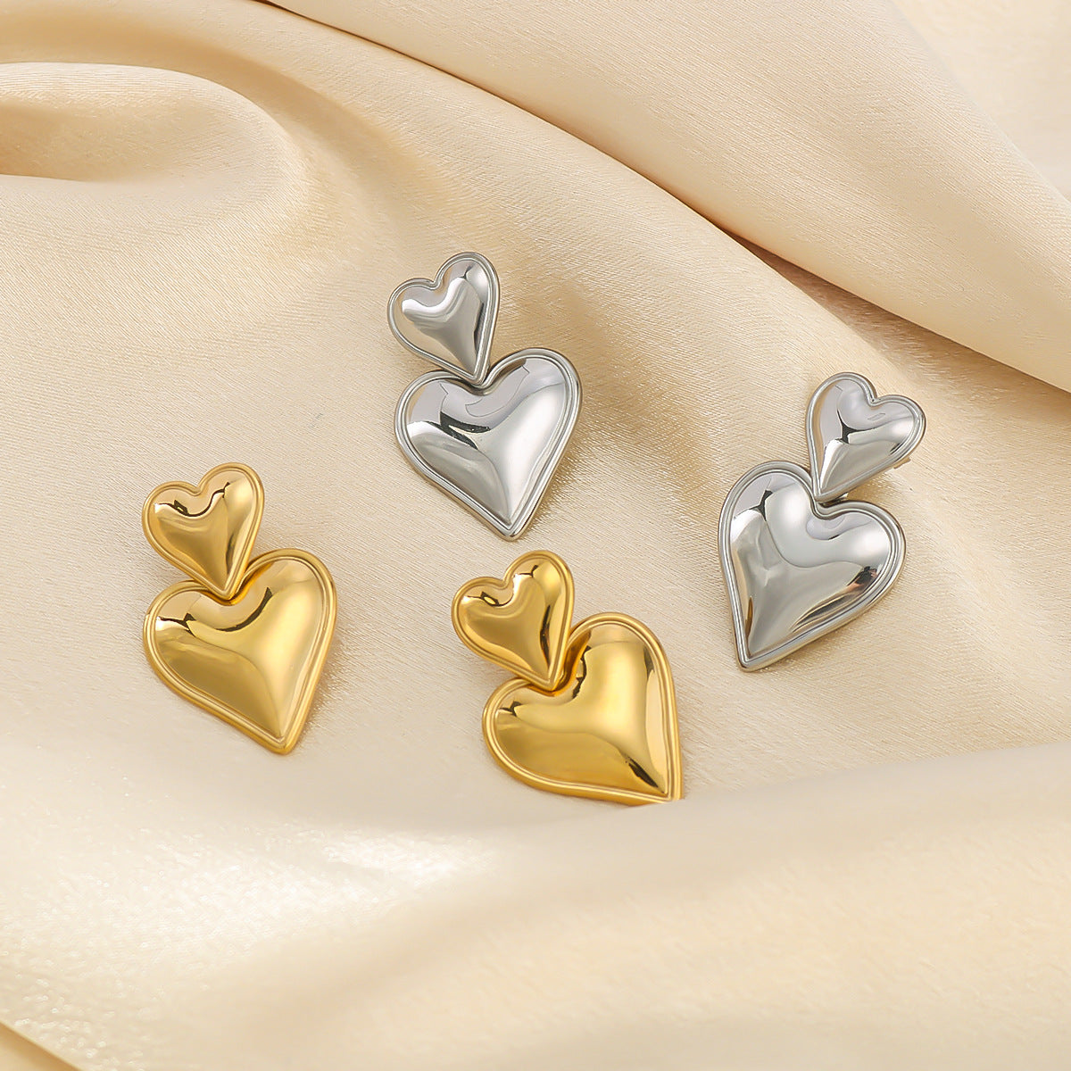 Minimalist Geometric Double-Layer Heart-Shaped Pendant Earrings in Stainless Steel with 18K Gold Plating