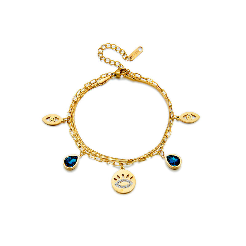Minimalist Retro Blue Rhinestone Teardrop Hollow Eye Bracelet in Titanium Steel with Double Layer Chain