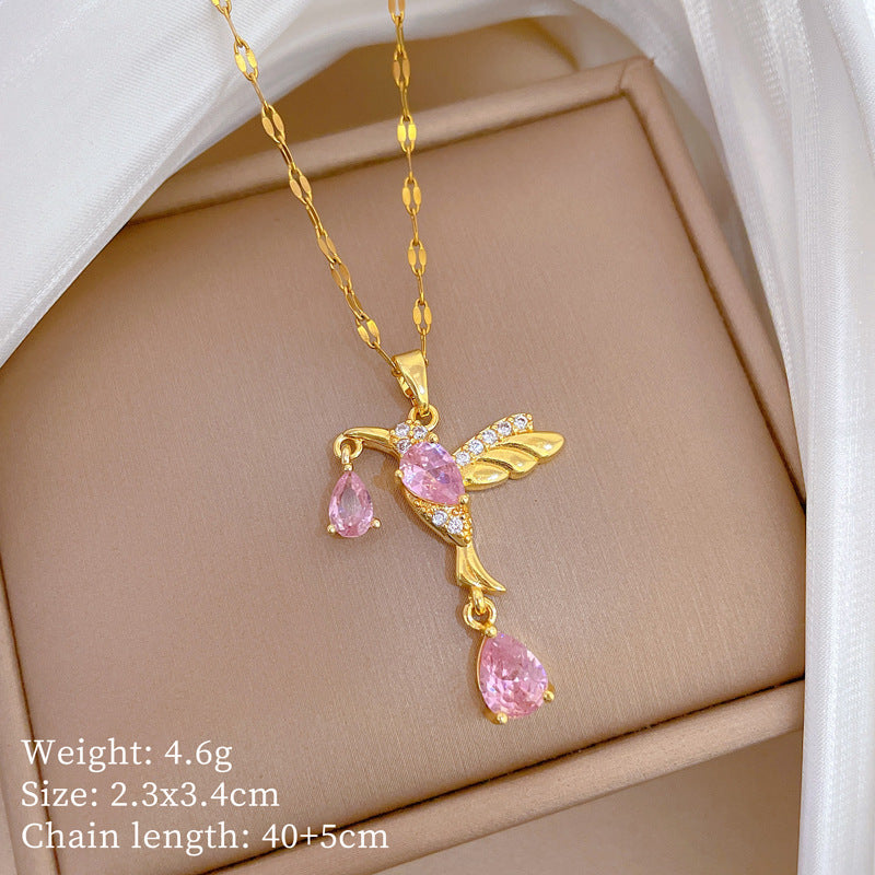 Sweet Minimalist Animal Shape Brass Pendant with Cubic Zirconia Inlay Titanium Steel Necklace for Unisex