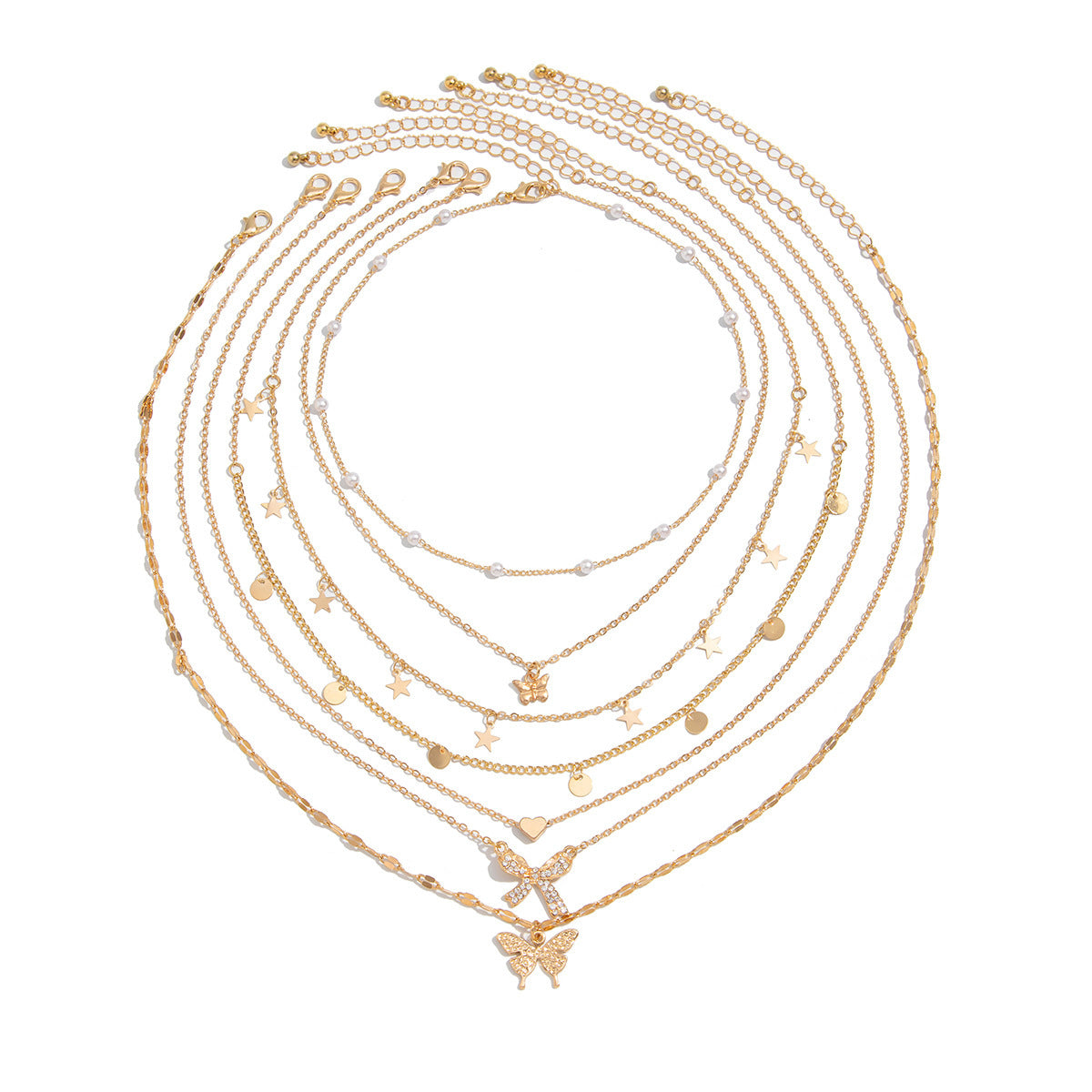 Minimalist Elegant Alloy Plated Heart Butterfly Bow Necklace Set with Imitation Pearl for Women