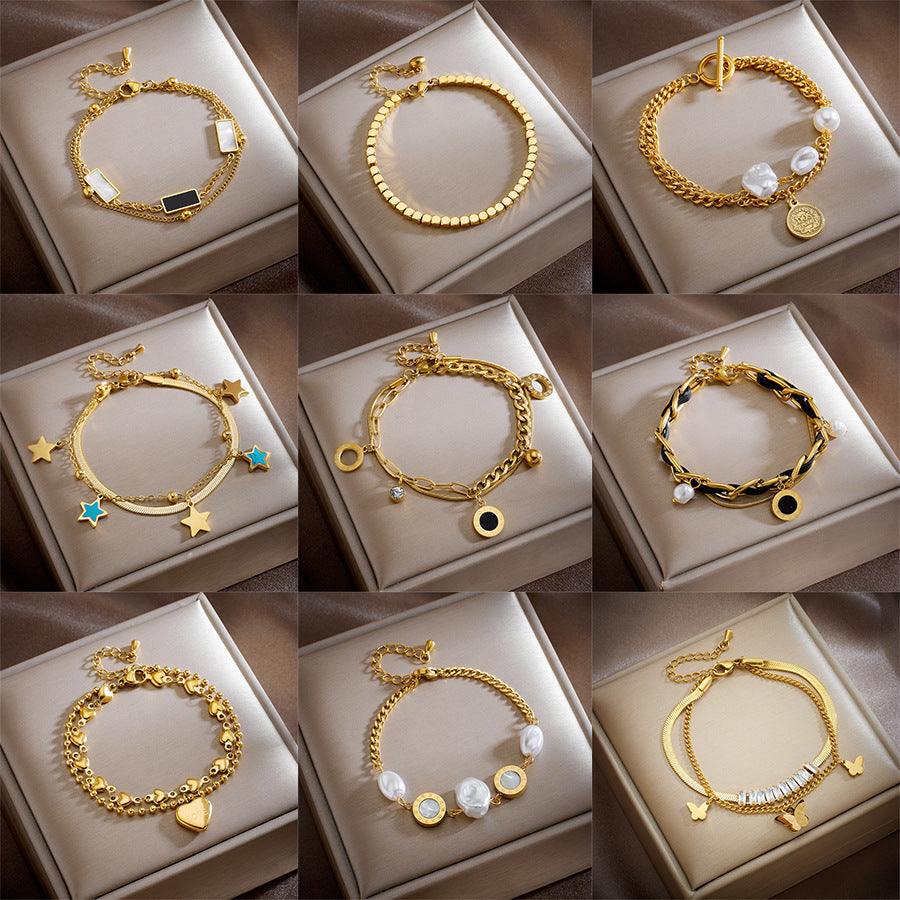 Minimalist Vintage-Inspired Double-Layer Bracelet with Stainless Steel Chain, Pearl Round Pendants, Star and Butterfly Charms