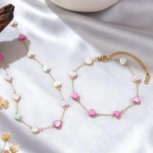 Minimalist 18K Gold Plated Stainless Steel Heart Teardrop Beaded Necklace and Bracelet Set for Women