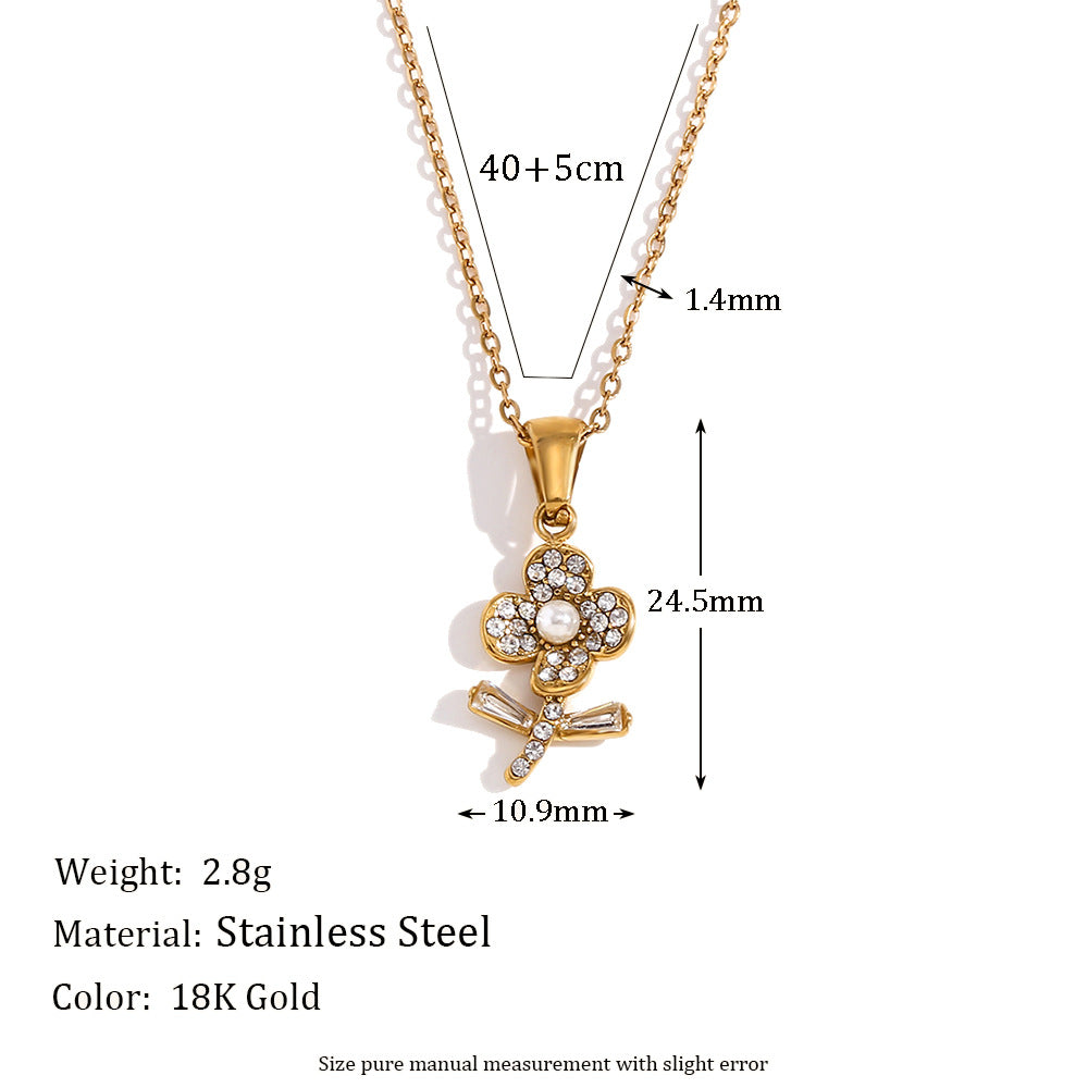 Fashionable Floral Pendant Necklace for Women Stainless Steel with 18K Gold Plating and Rhinestone Accents