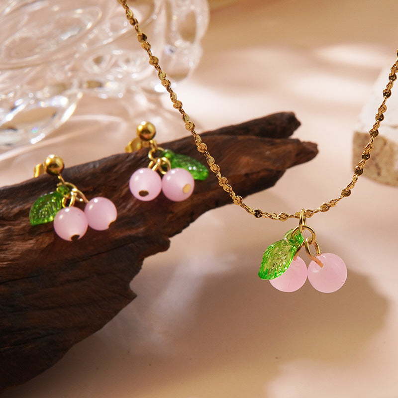 Sweet Minimalist Stainless Steel Cherry Fruit Necklace and Earring Set for Women