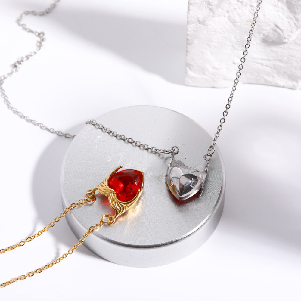 Personalized Heart-Shaped Stainless Steel Pendant Necklace with Zircon Inlay on O-Chain for Women
