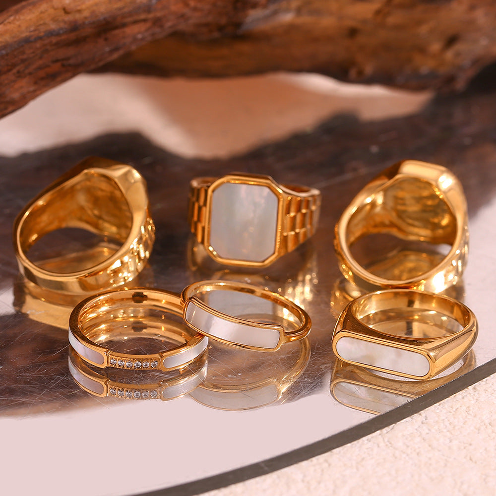 Minimalist Geometric Titanium Steel Ring with Gold Plating and Shell-Inspired Design for Women
