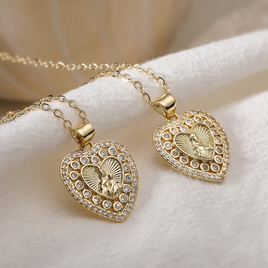 Vintage Minimalist Heart Brass Gold Plated Cubic Zirconia Maria Pendant Necklace
