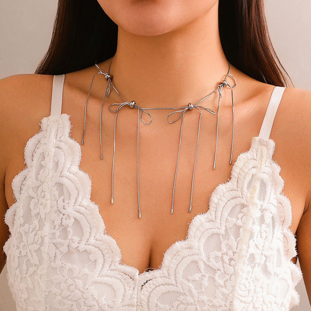 Sweet Minimalist Brass Bowknot Tassel Choker Necklace Snake Chain for Women