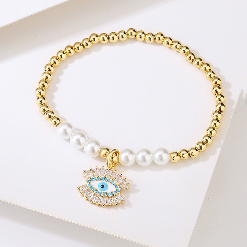 Minimalist Geometric Evil Eye Bracelet for Women with Copper Base Plated in 18K Gold and Enamel-Set Zirconia