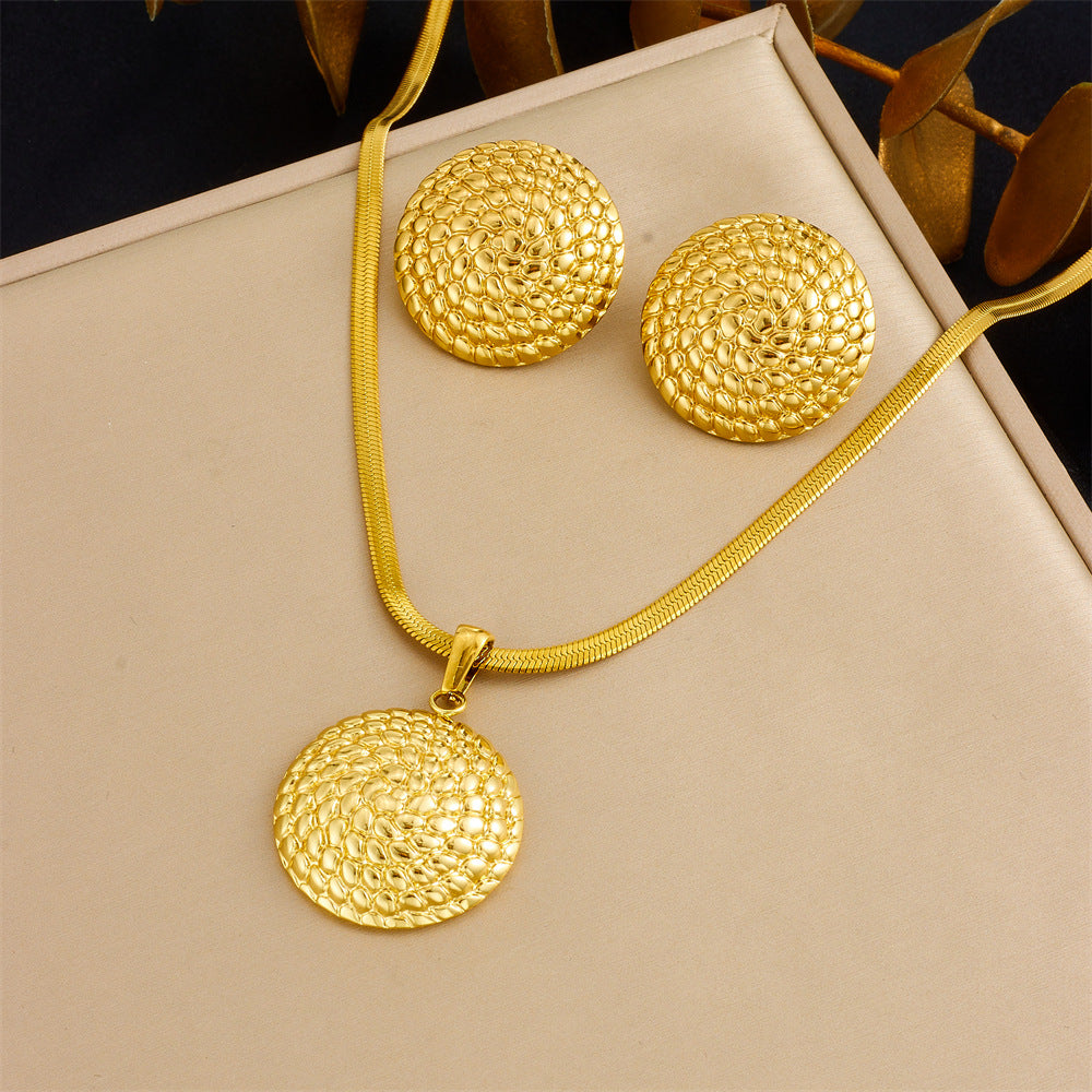 Vintage Gold Plated Heart Teardrop Stainless Steel Necklace and Earring Set with Turquoise and Pearl on Snake Chain for Women