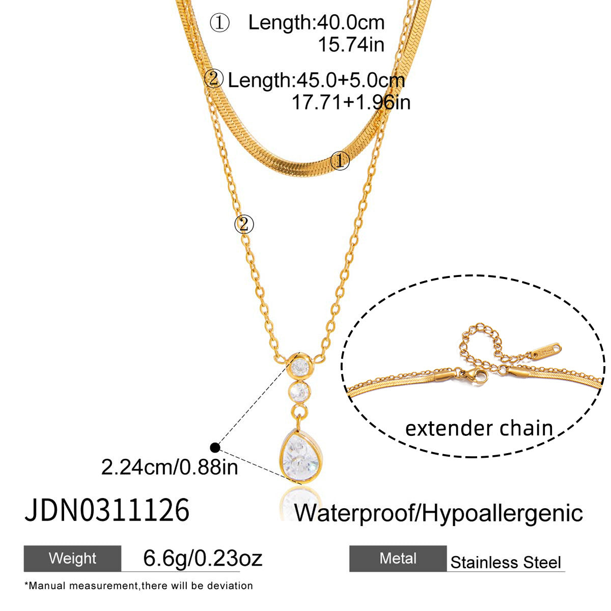 Elegant 18K Gold Plated Teardrop Geometric Stainless Steel Necklace with Cubic Zirconia for Women