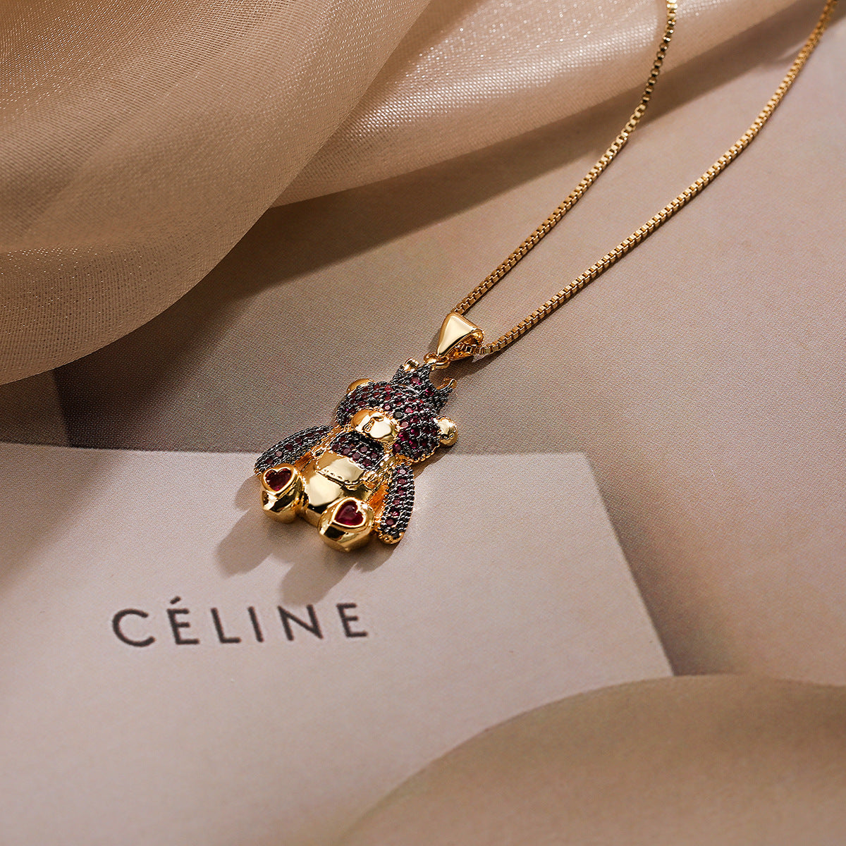 Minimalist Bear-Shaped Copper Pendant Necklace with 18K Gold Plating and Zircon Accents for Women