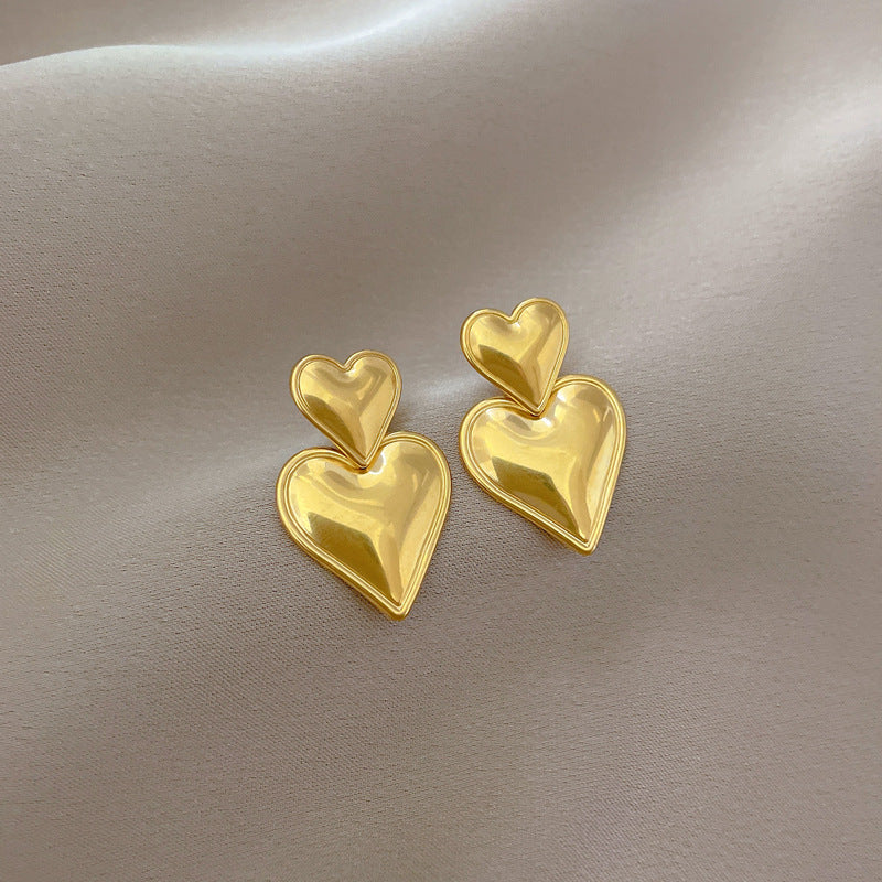 Minimalist Geometric Double Heart Titanium Steel Stud Earrings with Plating Finish for Women