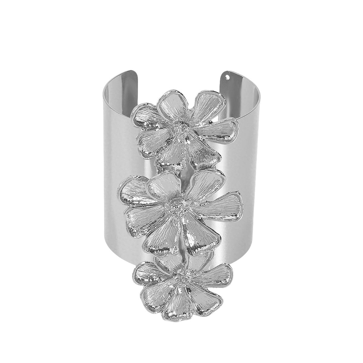 Elegante pulsera ancha de aleación floral para mujer con acabado chapado y diseño de puño abierto