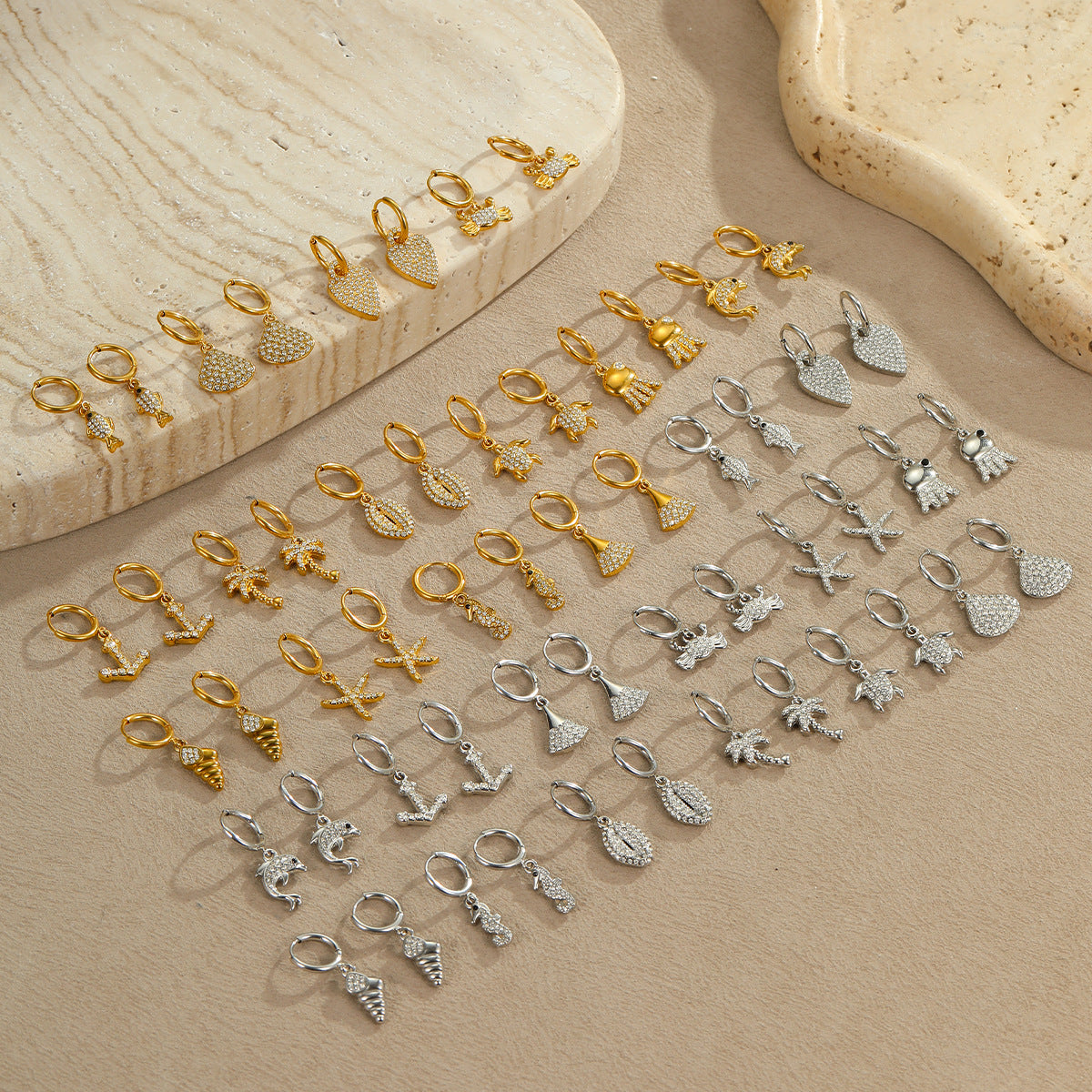 Pendientes de Acero Inoxidable con Forma de Estrella de Mar y Concha con Incrustaciones de Diamantes de Imitación para Mujer