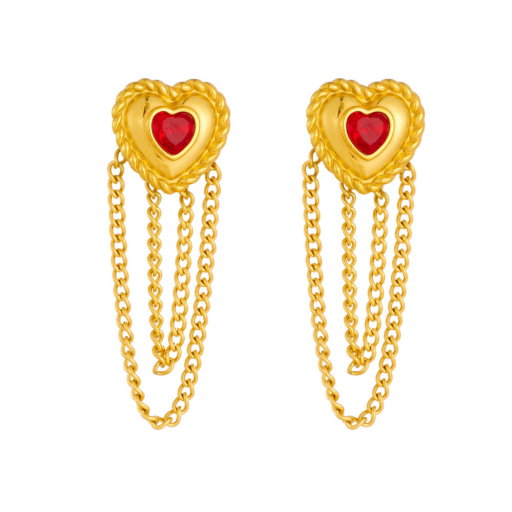 Gold Plated Rhinestone Heart Floral Bow Tassel Stainless Steel Earrings for Women