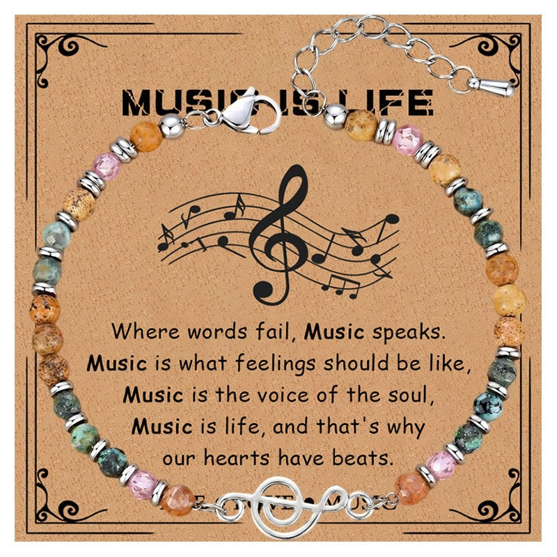 Elegant Geometric Round Crystal Turquoise Beaded Bracelet with Musical Note Pendant for Women