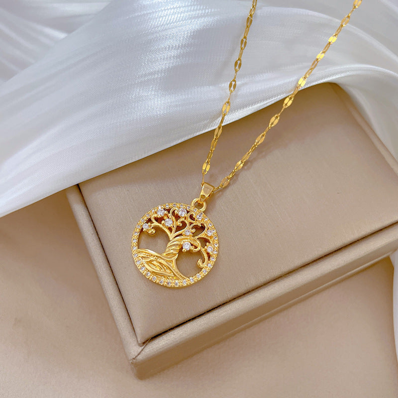 Luxury Titanium Steel Tree of Life Geometric Pendant Necklace with Rhinestone Inlay for Unisex