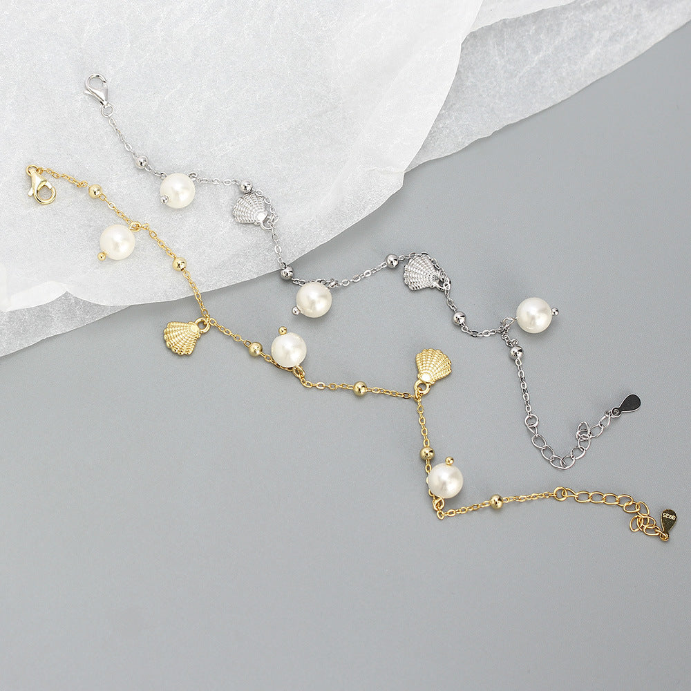 Sweet 925 Sterling Silver Geometric Pearl Shell Charm Bracelet for Women