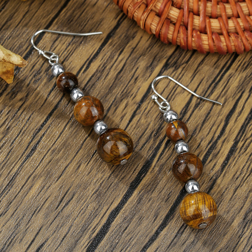 Vintage Geometric Round Tiger Eye Tassel Hook Earrings for Women