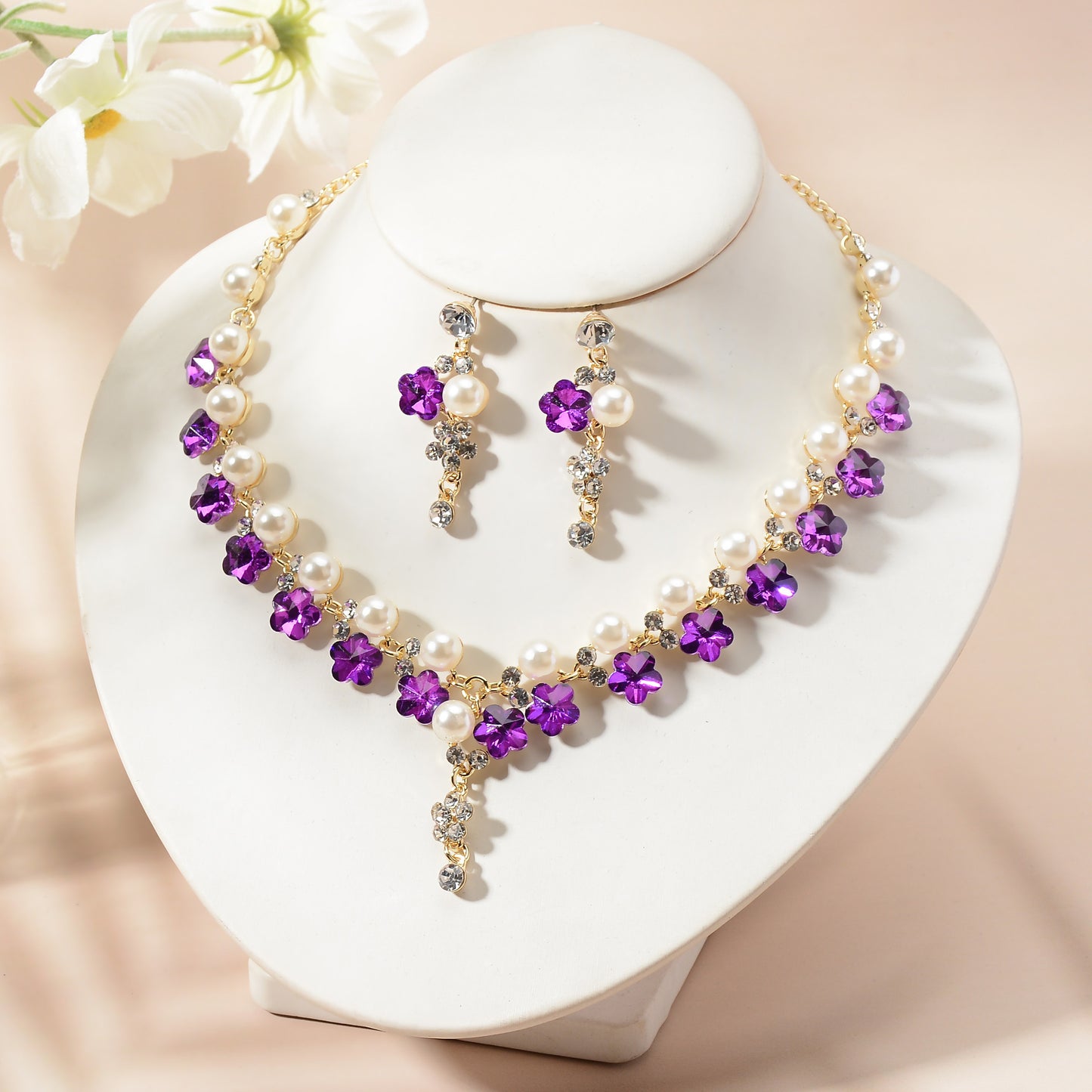 Elegant Rhinestone Star Moon Floral Plated Necklace and Earrings Set for Women Wedding Party
