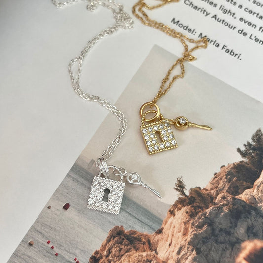 Minimalist Key and Lock Pendant Necklace in 925 Sterling Silver with Polished Finish for Women