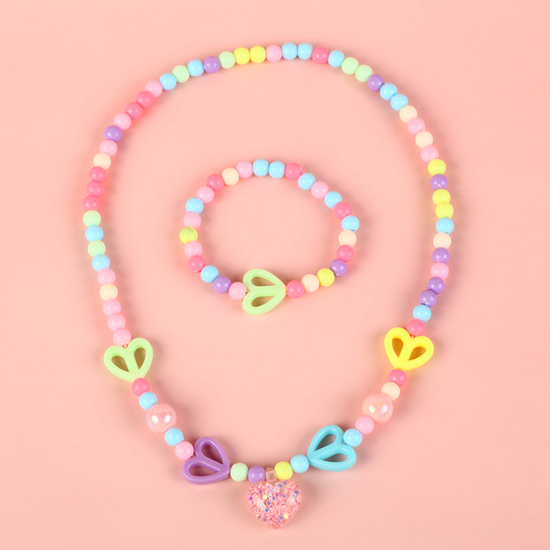 Cartoon Unicorn Pendant Necklace Set with Colorful Dopamine Beads for Kids, Resin Animal Charm on Round Bead Chain, Princess Style Children's Jewelry