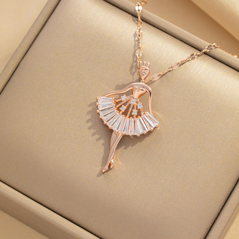 Fashion Ballet Girl Pendant Necklace in Titanium Steel with Micro-Pavé Zirconia, Geometric Shape, Water Wave Chain, Hypoallergenic Plated Finish for Women