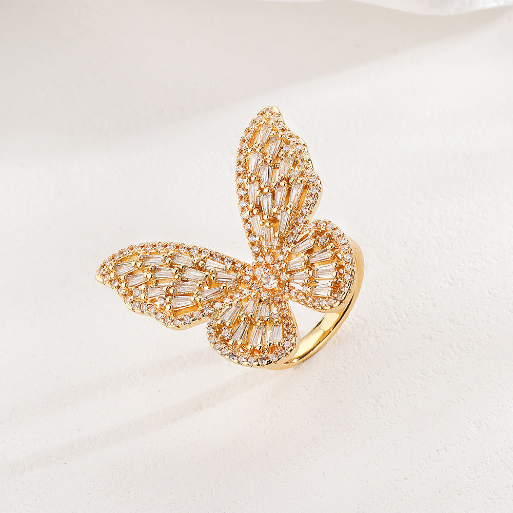 Elegant Luxury Butterfly-Shaped Ring for Women Made of Copper with Real Gold Plating and Micro-Pavé Colored Zirconia