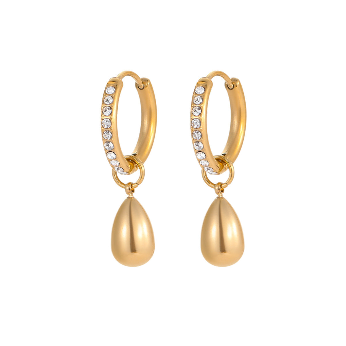 Fashionable Geometric Stainless Steel Hoop Earrings with 18K Gold Plating and Rhinestone Inlay for Women