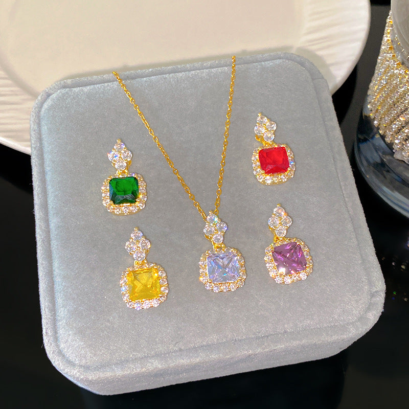 Sweet Colorful Cubic Zirconia Geometric Square Pendant Titanium Steel Necklace Cable Chain