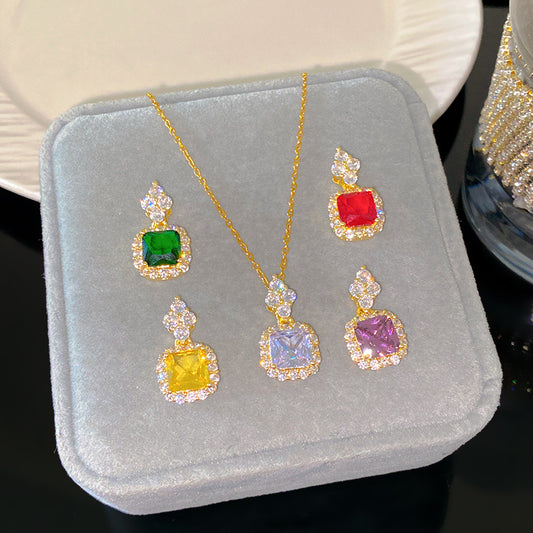 Sweet Colorful Cubic Zirconia Geometric Square Pendant Titanium Steel Necklace Cable Chain