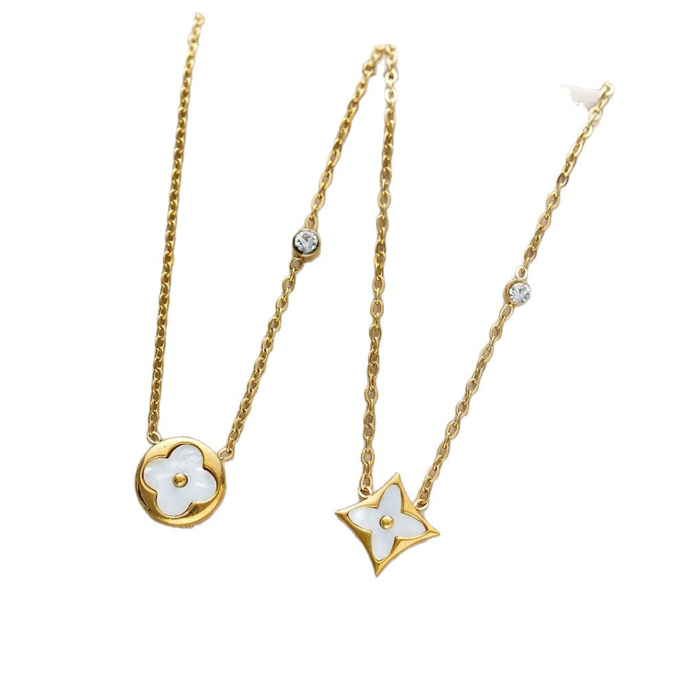 Four-leaf Clover Rhombus Titanium Steel Necklace with Rhinestone and Shell Inlay for Women