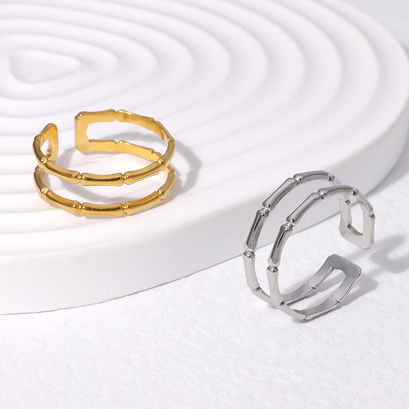 Anillo minimalista de bambú en acero inoxidable con acabado chapado, banda abierta ajustable para mujer