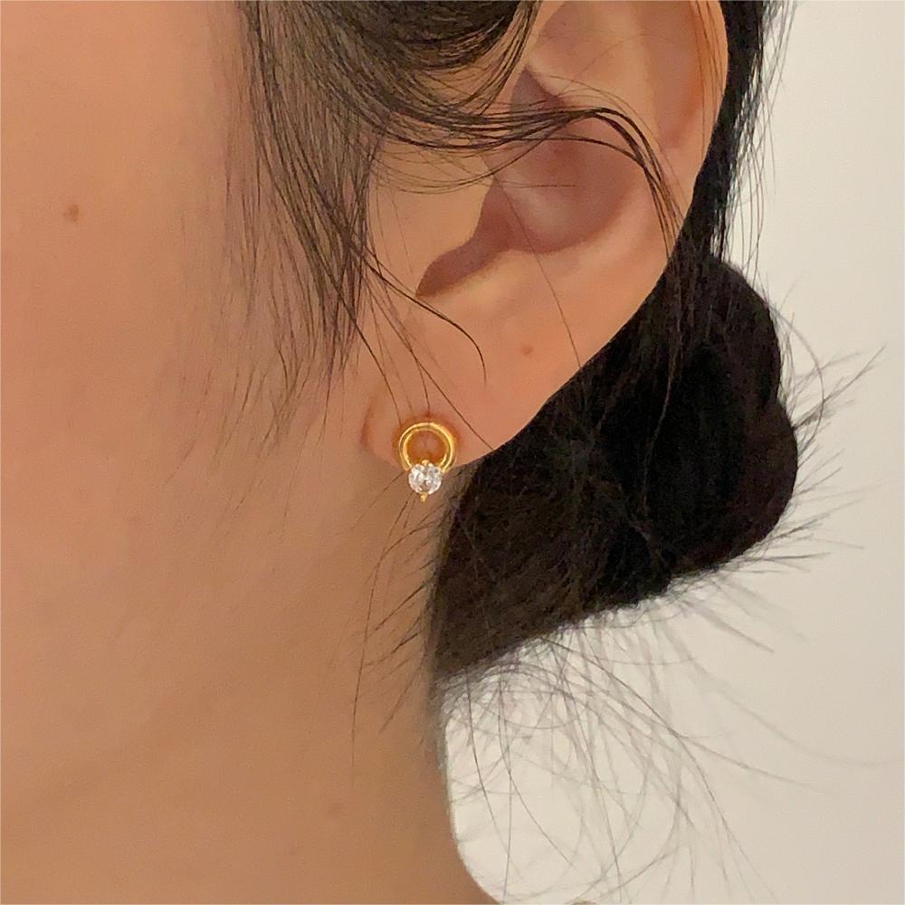 Minimalist Sweet 925 Sterling Silver Round Letter Cubic Zirconia Earrings Asymmetric Double Ring Plated