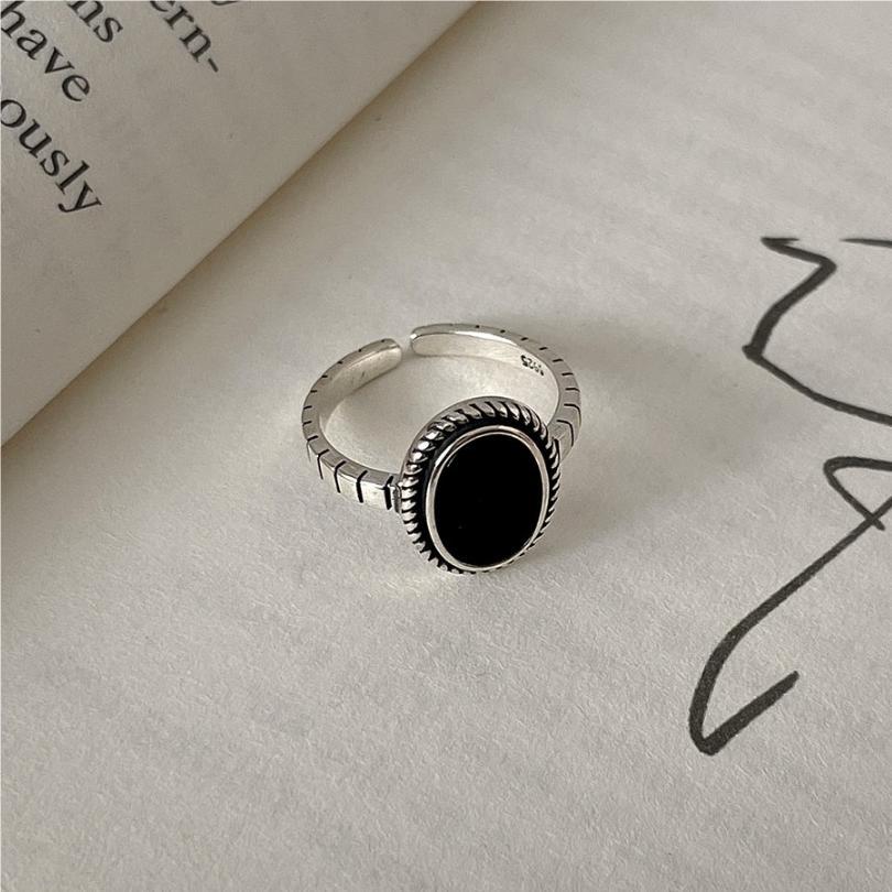 Anello regolabile in argento sterling 925 a forma di fiore, stile vintage francese, con agata nera da donna