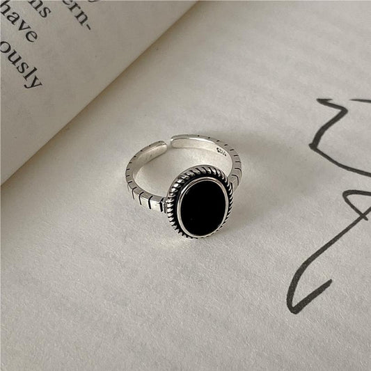 Vintage French-Style Floral-Shaped 925 Sterling Silver Adjustable Black Agate Ring for Women