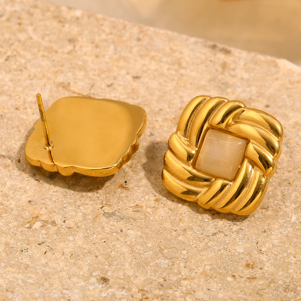 Fashion Vintage Geometric Square Cat Eye Stud Earrings Stainless Steel 18K Gold Plated for Women